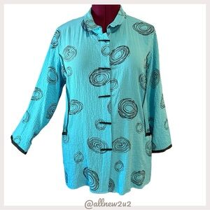 • Ali Miles M Blue Crinkle Shirt Top Kimono Textured 3/4 Sleeves Vintage